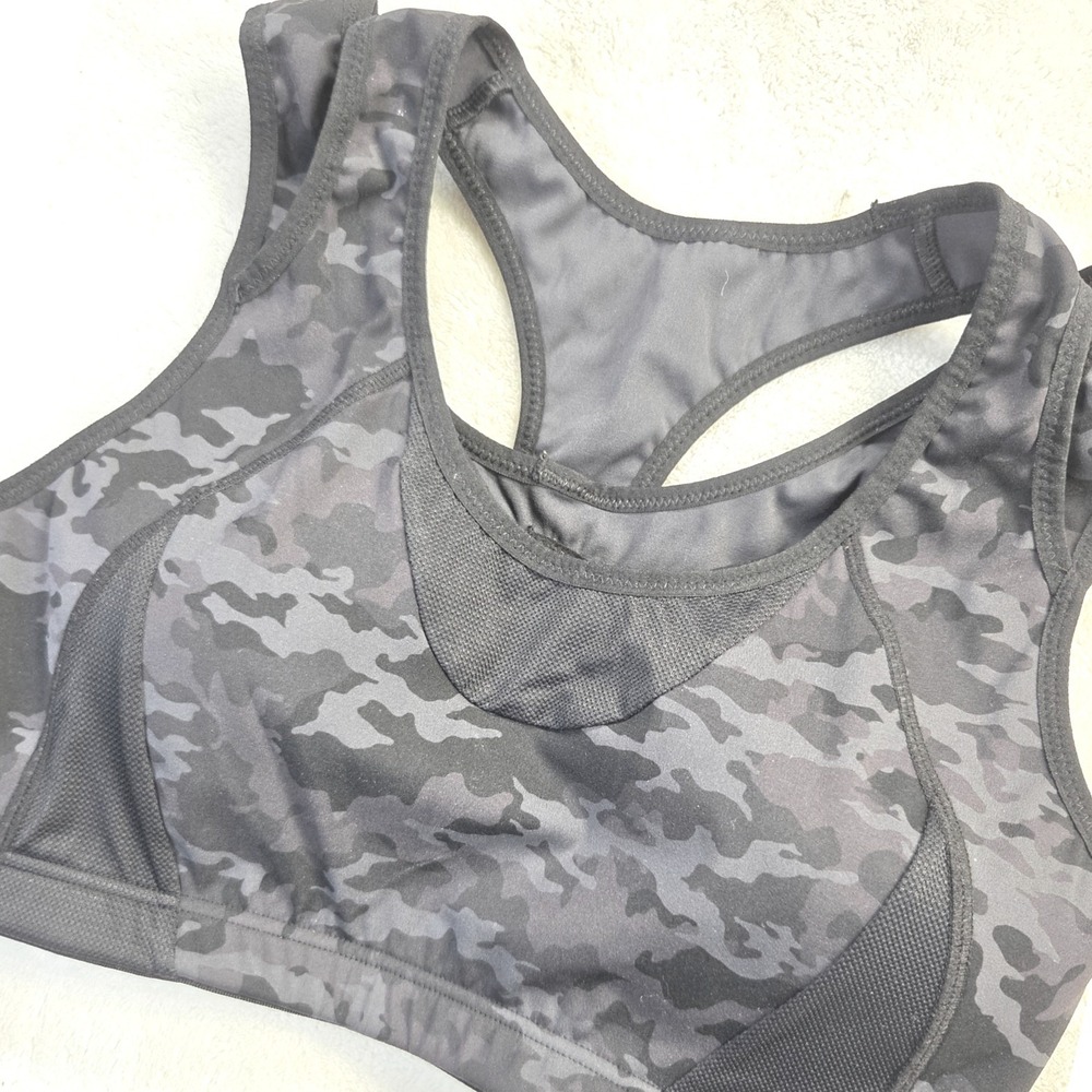 SYROKAN Sports Bra Activewear Large Gray Camo High Impact Racerback Mesh A007